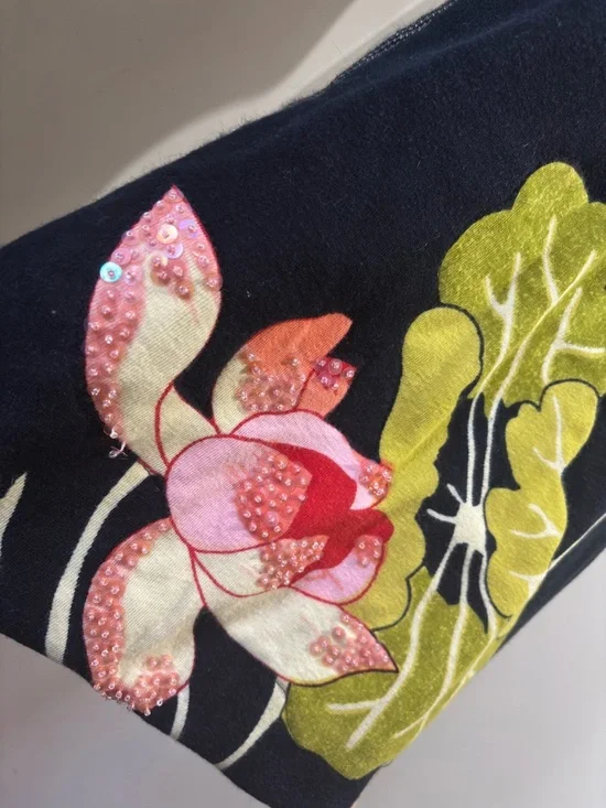 Black Floral Tote with Pink & Green Accents Sequins Rhinestones - Picture 4 of 9